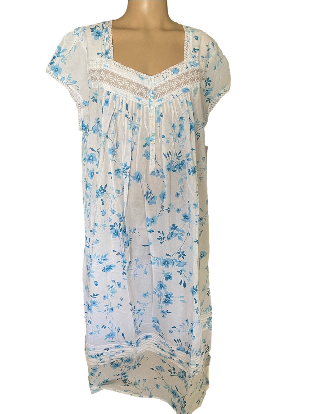 Eileen West White Nightgown with Blue Floral Print and Lace Trim